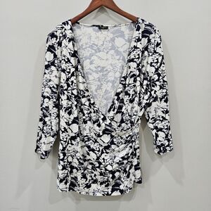 Talbots Womens Dark Floral Faux Wrap Top Black White 1X Whimsigoth Romantic Goth